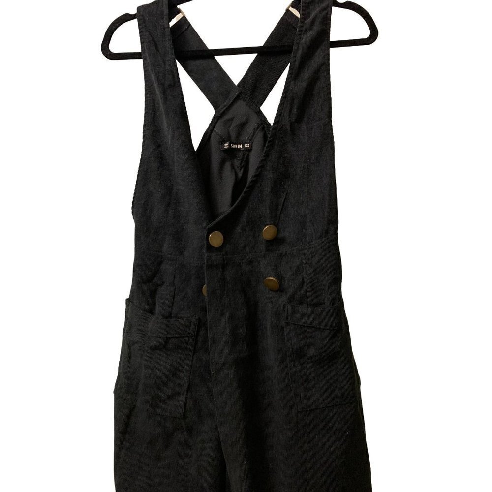 SHEIN Black Corduroy Dress w Adjustable Shoulder Strap V-Neck Bronze Buttons Sma
